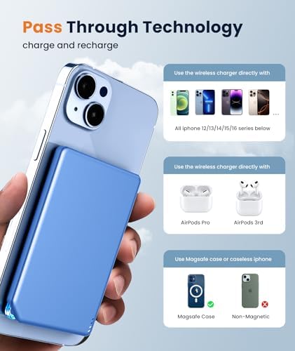 Ultra-Compact Blue Magnetic Wireless Power Bank for i Phone 12-16 Pro Max – 5000 m Ah Fast-Charging Battery Pack with Seamless Attachment for On-the-Go Convenience and Enhanced Compatibility – Essential Travel Accessory for Effortless Energy Backup