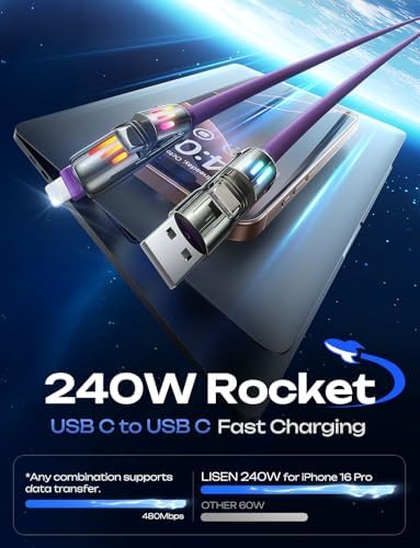 LISEN 240 W 4-in-1 USB C to Lightning Charging Cable – 10 FT Heavy-Duty Multi-Device Charger with LED Indicator for i Phone 16/15/14 Pro, Mac Book, i Pad, Samsung S25 & Nintendo Switch – Ultimate Flexibility and Fast Power Delivery
