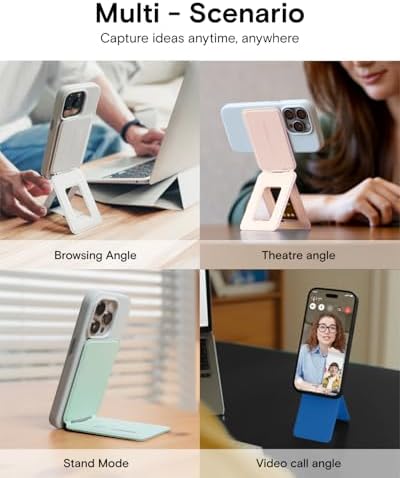 MOFT Phone Stand, Magnetic Phone Tripod Stand Stain-Resistant MOVAS Leather & Angle Adjustment & Strong Magnets Tripod for iPhone 16/15/14/13/12 (Included Metal Ring)-Misty Cove – Enhanced Compatibility and Speed