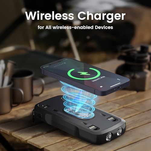 Portable Solar Power Bank 10,000 m Ah – Dual Built-in Cables & Fast 15 W Wireless Charging – Eco-Friendly Design with Cigarette Lighter & 3 LED Flashlight Modes – Perfect for Camping, Emergencies & Everyday Use – Ideal Gift for All Occasions