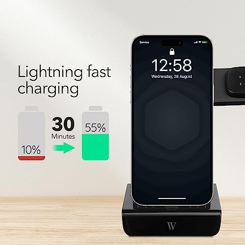 Wasserstein 3-in-1 Wireless Charging Station for i Phone, Air Pods & Fitbit – Fast, Efficient Power Dock with Non-Slip Surface for Seamless Device Management – Ideal for Home or Office Use (Black)