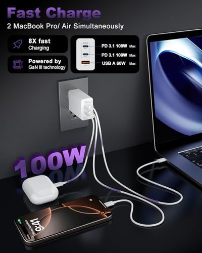 Ultimate 100 W USB C Charger Block with 3 Ports – Ga N Super Fast Charging Adapter Plus 10 ft Type C Cable for Mac Book Pro, i Pad Pro, i Phone 15/16, Galaxy S Series – Dual Pack for Enhanced Power and Efficiency