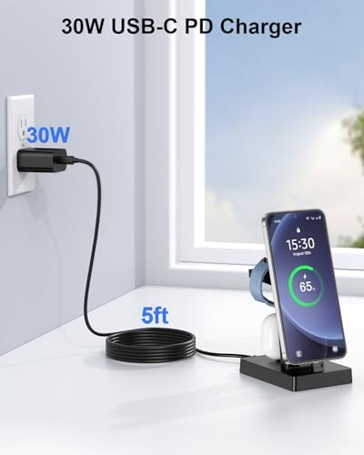 NANAMI 30 W USB C Charging Station – Versatile 3-in-1 Fast Charger for Samsung Galaxy Devices & i Phone 15/16 Pro Max – Compact Design with Dedicated Stands for Galaxy Watch & Buds Pro – Enhanced Speed & Safety Features for Home, Office, and Travel