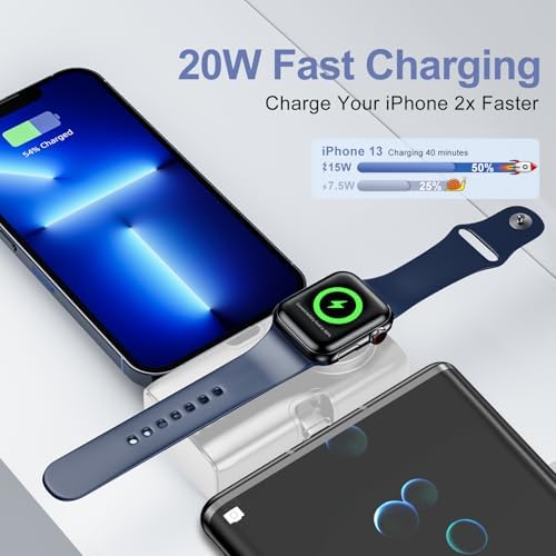 Compact 5000 m Ah Portable Charger for i Phone and Apple Watch – 20 W PD Fast Charging Power Bank with Built-in USB-C Connector for Travel – Compatible with i Phone 15/14/13/12 Pro/Max and Apple Watch 9/8/7/6/SE – Sleek, Lightweight Design for Ultimate Portability and Enhanced Performance