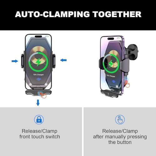 15 W Fast Wireless Car Charger with Auto-Clamping Technology – Universal Qi-Enabled Phone Mount for i Phone 15/14/13/12/11 Pro Max & Samsung Galaxy S23/S22/S21/S20/S10+/S9+/Note 9 – Secure, Sleek, and Efficient Charging Solution for On-the-Go Professionals