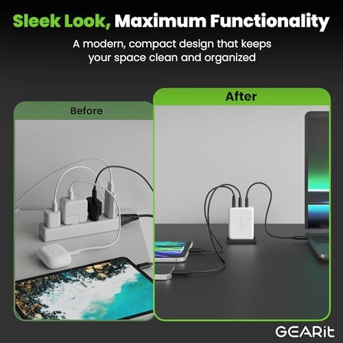 Power Up Your Devices Efficiently with the GEARit 65 W Ga N USB-C Triple-Port Fast Charger – PD 3.0 Wall Adapter for Seamless Charging of Apple, Samsung, Google, and Dell Devices – Compact, Lightweight Design with Superior Safety Features for Fast Multi-Device Power Delivery