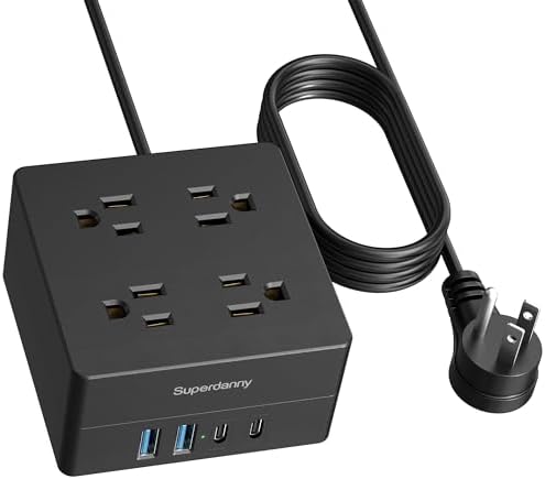 SUPERDANNY Portable USB Power Strip Surge Protector – Premium Desktop Extension Cord with 4 Spacious Outlets & 4 Advanced Smart USB Charging Ports for Home, Office, Hotel, Dorm, and RV Use – Elegant Faux Walnut Finish for Enhanced Aesthetics and Device Safety