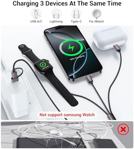 Temdan 3-in-2 USB C Charging Cable: Versatile Multi-Device Charger for Apple Watch Ultra, SE & i Phone 12-16 – Rapid Charge, Compact Travel Essential – Stylish Pink Smartwatch Accessory for On-the-Go Power Solutions