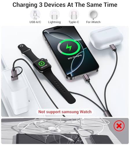 Temdan 2-Pack 5 ft 3-in-1 Charging Cable for Apple Devices – Ultimate Travel Solution with USB A, Type C & Lightning Connectors for i Phone 12-16, i Pad, and Apple Watch Ultra & SE – Durable, Versatile, and Hassle-Free Power Anywhere