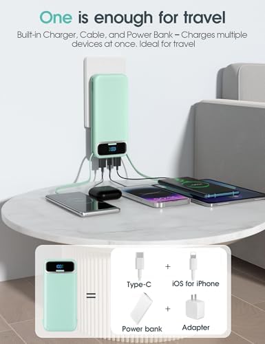 Ultra-Compact 12000 m Ah Power Bank with Built-in Charging Cables & AC Plug – 20 W PD Fast Charging for i Phone, Samsung, Android, USB-C Devices – Travel-Friendly External Battery Pack in Purple – Unmatched Portability and Efficiency for On-the-Go Charging Solutions