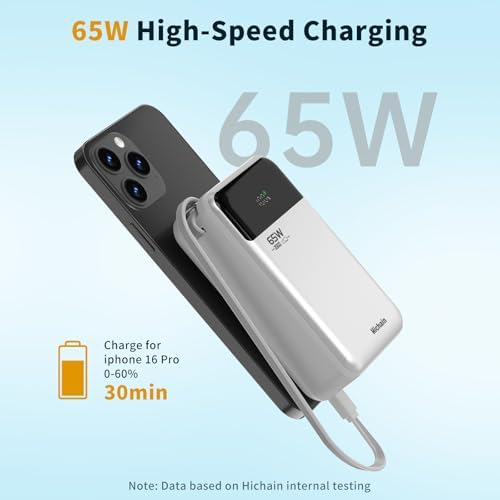 Hichain 65 W PD 20000 m Ah Fast Charging Power Bank – High-Capacity Portable Laptop Charger with Triple USB-C Ports for Mac Book, i Phone 16/15, Samsung & Android Devices – Sleek Gray Design for Effortless Travel Power Solutions