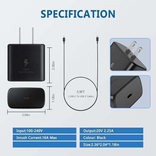 Super Fast 45 W USB-C Charger for Samsung Galaxy S24/S23/S22 Series – Includes 5.9 FT Cable 2 Pack for Enhanced Charging Speed & Compatibility – Portable Wall Charger with Safety Features for Optimal Device Performance