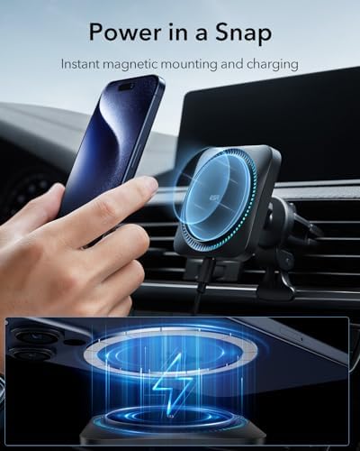 Revolutionize Your Drive with the ESR 15 W Mag Safe Car Mount Charger – Fast Wireless Charging for i Phone 12-16, Featuring Cryo Boost for Optimal Cooling, Apple-Certified Magnetic Phone Charger for Effortless Compatibility and Enhanced Performance on the Go