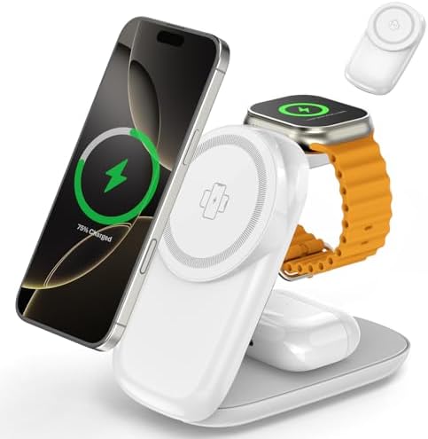 Ultimate 3-in-1 Foldable Wireless Charging Station for Apple Devices – Fast Max Charging for i Phone 16/15/14/13/12 Pro Max, Apple Watch Series 10-3 & Air Pods Pro/4/3 – Compact Travel Design with Smart Protection Features for Effortless Device Management – Silent Operation for Undisturbed Environments – Includes 20 W PD Adapter & USB-C Cable – Perfect for Home or Office Use