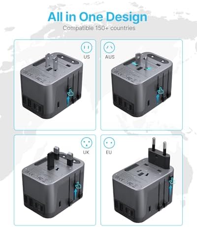 VINTAR Universal Travel Adapter: All-in-One Power Converter with 6 A Output, 3 USB-C and 2 USB Ports for Fast Global Charging Across Europe, UK, USA, and Australia – Essential Travel Accessory for Effortless Device Connectivity and Safety Features