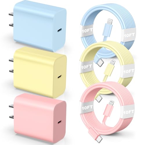 MFi Certified 20 W Fast Charger Bundle for i Phone 14, 13, 12, 11 – 3 Pack USB-C Charger Blocks with 3 FT, 6 FT, & 10 FT Lightning Cables – Ultimate Compatibility & Rapid Charging Solution for i Phone Models Including Pro, Pro Max, Xs, Xr – Portable & Durable Design for Home, Office, & Travel