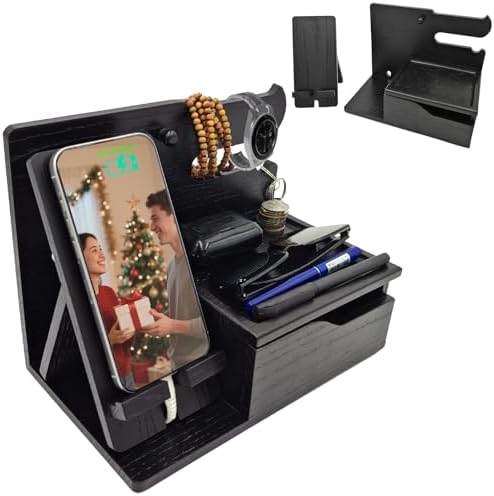 Sleek 3-in-1 Wood Phone Docking Station with Hidden Charging Hole & Drawer – Multifunctional Organizer for Phones, Keys, Glasses & Accessories, Ideal Men’s Desk Solution (Brown) – Premium Quality & Enhanced Compatibility