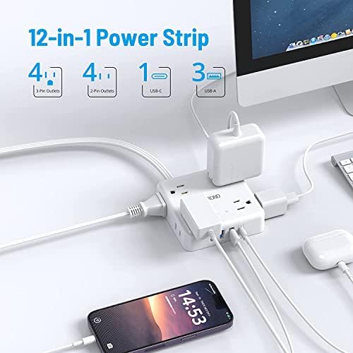 TROND 360° Rotating Plug Power Strip with 5 FT Flat Cord – 4 AC Outlets & 4 USB Ports (2 USB-C) – Wall Mount Surge Protector with 1440 Joules Safety Rating – Ultimate Travel & Home Charging Solution for Electronics and Devices