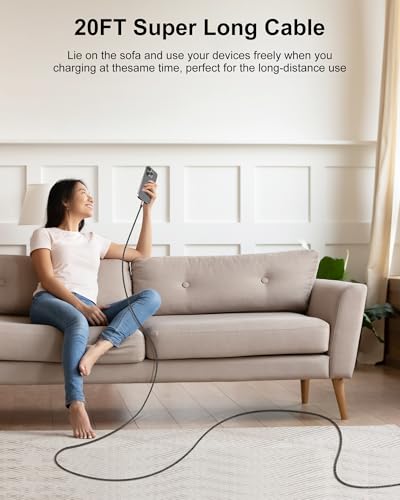 20FT USB C Cable 60W, Extra Long USB C to USB C Cable, Type C Charger Fast Charging Cord, Compatible with iPhone 16 15 Pro Max Plus, Samsung Galaxy, Pixel, iPad Pro/Air, MacBook Pro/Air – Enhanced Compatibility and Speed