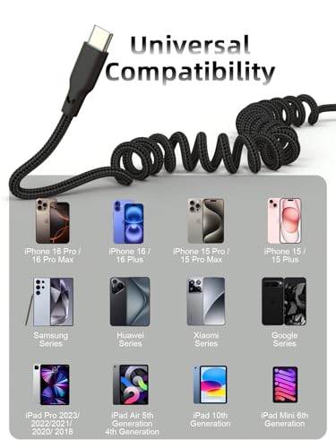 Premium Coiled USB A to USB C Fast Charge Cable – 2 Pack, 3 ft Retractable i Phone Charger for 16/15/Plus/Pro Max & Mac Book Pro – Ultimate Compatibility & Clutter-Free Design for On-the-Go Charging