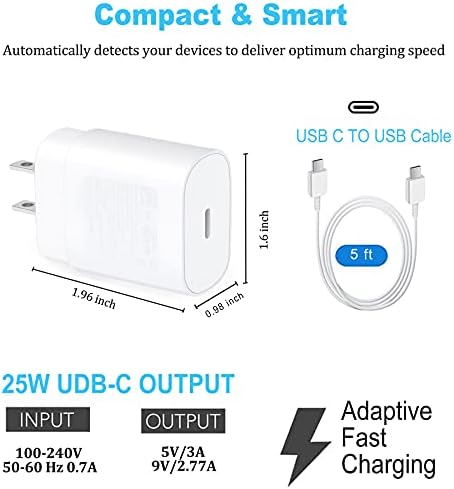 Dual 25 W PD Fast Wall Charger Set with 5 Ft Type C to C Cables – Ultimate USB C Charger for Samsung Devices, Including S22/S21/Note Series – Compact, Reliable, and Travel-Friendly Power Solution