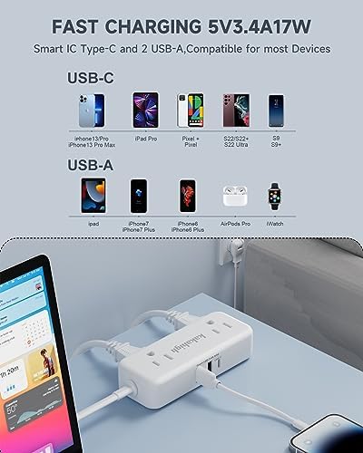 Revolutionize Your Charging Setup with the 10 FT Split Extension Cord – Featuring 4 AC Outlets, 2 USB-A & 3 USB-C Ports for Rapid 24 W Charging, Perfect Nightstand Solution for Shared Spaces in Bedrooms and Dorm Rooms – Compact Design for Maximum Flexibility and Enhanced Compatibility with All Devices