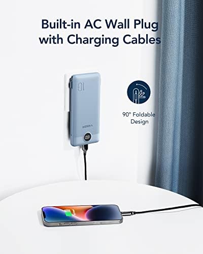 VEGER Ultra-Slim 10,000 m Ah Portable Charger with Built-in Cables and Integrated Wall Plug – Fast Charging Power Bank for i Phone, i Pad, Samsung, and More – Essential Travel Battery Pack for On-the-Go Charging and Enhanced Device Compatibility
