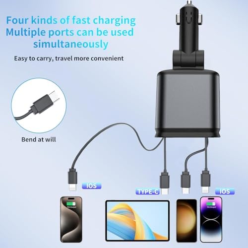 Ultimate 3-in-1 Retractable Car Charger – 50 W Fast Charging Solution with Type C Cable & USB Port for i Phone 16/15/14/13/12/11, Galaxy & Pixel Devices – Tangle-Free Convenience for On-the-Go Power Management