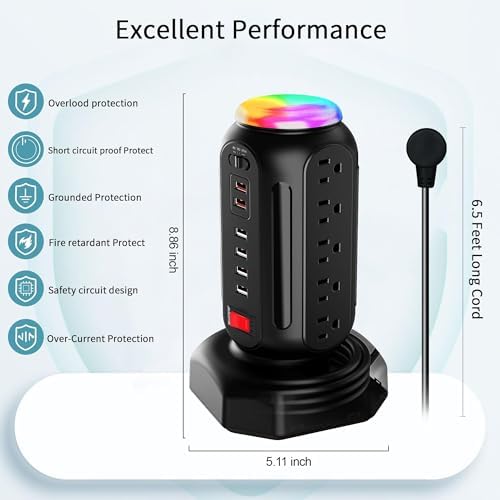 Maximize Your Power Potential with the 15-Outlet Surge Protector Tower Featuring 6 Fast-Charging USB Ports and LED Night Light – Retractable Heavy-Duty Extension Cord with Right Flat Plug for Effortless Accessibility and Enhanced Device Compatibility – Ideal Charging Station for Home and Office Use