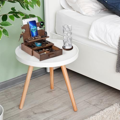 Premium Black Wood Multi-Device Docking Station – Sleek Nightstand Organizer with Hidden Drawer for Valuables, Ideal for Phones, Tablets, Apple Watch, Keys, and EDC Essentials – Streamlined Charging and Elegant Design for Home or Office
