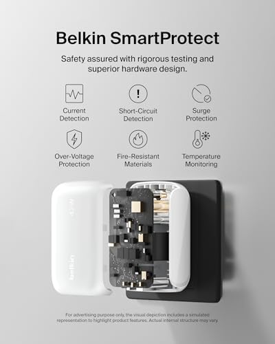 Belkin 42 W Dual Port Charger Block – Ultra-Fast USB-C & USB-A Power Adapter for i Phone 16/15/14/13 Pro, Samsung Galaxy S25, i Pads, Air Pods, and Nintendo Switch 2 – Compact Travel-Friendly Design for Maximum Charging Efficiency