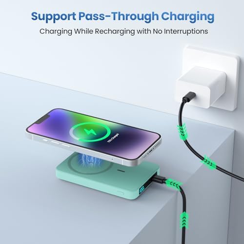 Ultra-Slim Magnetic Portable Charger 10800 m Ah Power Bank with LCD Display – Fast 20 W PD USB-C Input/Output, Wireless Charging for Mag Safe-Compatible i Phones Including 16/15/14/13 Series – Lightweight Travel Essential for On-the-Go Power