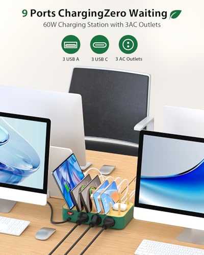 Eco-Friendly Bamboo USB-C Charging Hub – 60 W 6-Port Multi-Device Dock with 3 AC Outlets, 3 USB-C, 3 USB-A Ports, 6 Mixed Cables Included, 6.6 ft Power Cord for i Phones, i Pads & Tablets – Fast, Efficient Charging Solution with Elegant Design