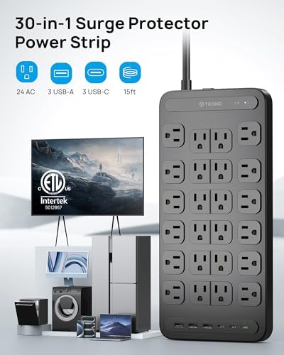 TROND 360° Rotating Surge Protector Power Strip – 24 AC Outlets & 6 Fast Charging USB Ports (37 W) – 4000 Joules Protection for Ultimate Device Safety – 6 ft Heavy Duty Extension Cord for Gaming and Office Use – ETL Listed for Dependable Performance – Essential Power Solution for Dorm Rooms and More