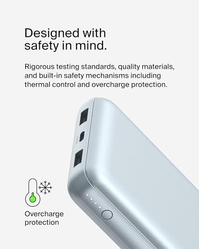 Belkin 20000 m Ah USB-C Power Bank – Dual USB-A Ports, Fast 15 W Charging for i Phone 16/15 Plus, Samsung Galaxy S25, Pixel, i Pad, Nintendo Switch 2 – Travel-Friendly Design in Pearl Blue for Enhanced Device Compatibility and On-the-Go Power