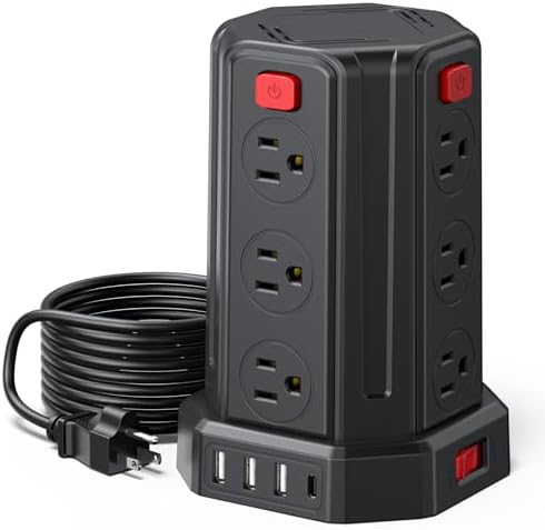 SMALLRT Power Tower Surge Protector – 10 Ft Extension Cord with 12 AC Outlets & 4 USB Ports (1 USB-C) – Ultimate Charging Station for Home & Office – Enhanced Device Compatibility & Safety