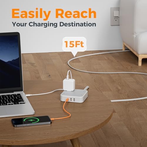 TESSAN 5 FT Flat Extension Cord Surge Protector – 4 Outlet Power Strip with 3 USB C Ports (1 USB C) for Fast Charging, 900 Joules Electronics Protection, Space-Saving Design for Home, Office, and Dorm Use, Enhanced Compatibility and Efficiency