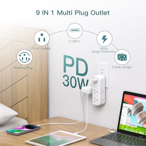 Ultimate Surge Protector and Outlet Extender with 6 AC Ports and 3 USB Charging Options (1 USB-C) – Smart Rotating Power Strip for Home, Office, and Travel – 1800 Joules Surge Defense, ETL Certified for Enhanced Device Protection and Efficiency