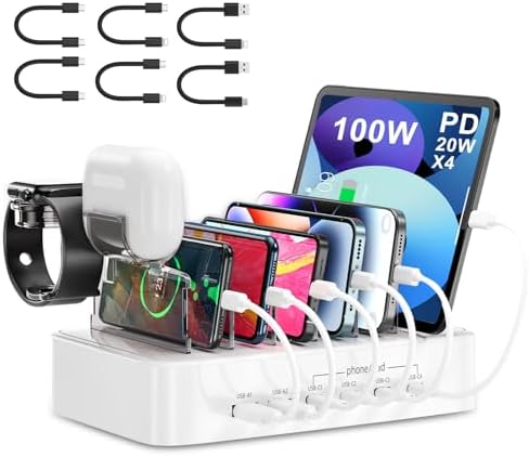 Ultimate 100 W Multi-Device Charging Station – Fast USB-C Dock for i Phones, Androids, i Pads, Kindles & Smartwatches – Sleek Organizer with Intelligent Charging for Home & Office Efficiency