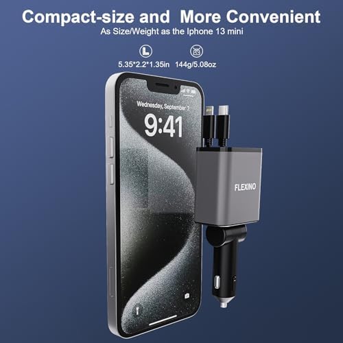 Flexino 69 W Retractable Car Charger for i Phone 16 & Galaxy – Dual USB-C Fast Charging Adapter with 2.6 ft Cords for Seamless Road Power – Compact, Stylish, and Versatile Car Charger Accessory for All Devices