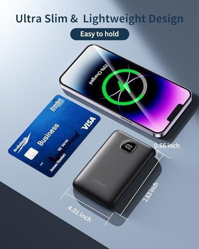 Ultra Slim ANOUV 10,000 m Ah Portable Charger – Fast Charging Power Bank with PD 22.5 W & QC 3.0 for i Phone and Android Devices – Lightweight External Battery for On-the-Go Charging Needs