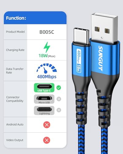 SUNGUY USB to USB C Cable 10FT[3Pack], USB A to USB C Cable 3A Type C Charger Fast Charging Nylon Braided for iPhone 16 15 Pro/Pro Max/Plus, Samsung Galaxy S23/S22/S21, USB C Devices – Enhanced Compatibility and Speed