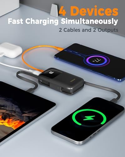 TESSAN 10000 m Ah Fast Charging Portable Power Bank with Built-in USB-C Cable – Compact Battery Pack for i Phone 16/15, Samsung & Tablets – Ultimate Travel Companion with Universal Compatibility & Rapid Recharge Technology