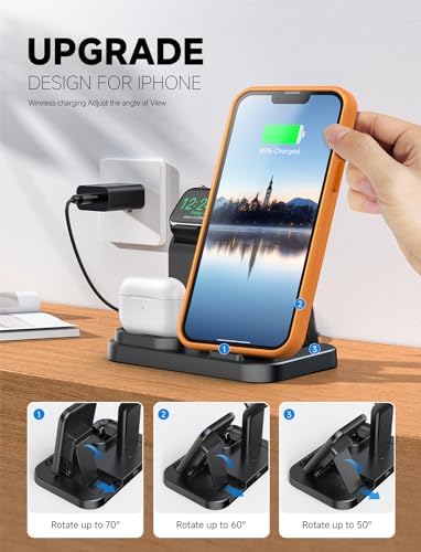 Revolutionary 3-in-1 Wireless Charging Dock for Apple Devices – Streamlined Charging Station for i Phone, Apple Watch, and Air Pods with Fast Charging 18 W Adapter in Sleek Graphite Black – Perfect for Home and Office Organization