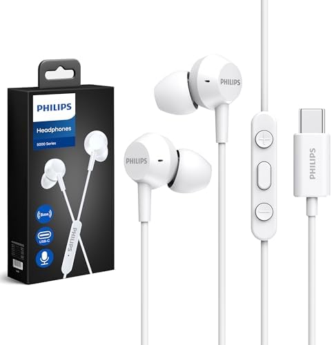Philips USB-C Wired Earbuds with Microphone – Lightweight In-Ear Headphones Offering Powerful Bass and Seamless Compatibility for Calls and Music Control, Stylish Black Design for Daily Use and Extended Comfort
