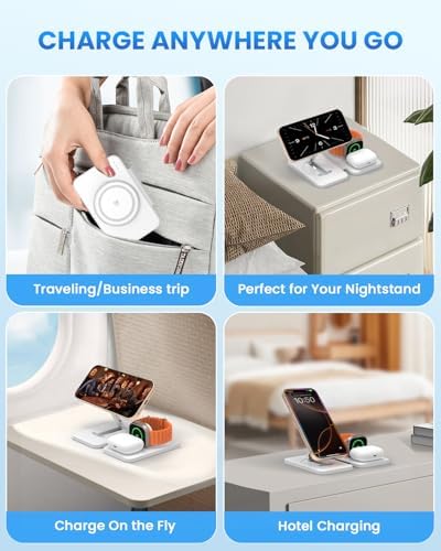 Magnetic Wireless Charging Station for i Phone 15/14/13/12 Pro Max & Apple Devices – Joy Geek 3-in-1 Fast Charger Pad for i Phone, Apple Watch Ultra 9-2, and Air Pods – Compact Design with Enhanced Compatibility and Secure Magnetic Alignment