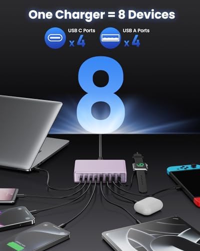 200 W Ga N IV USB-C Charging Hub: 8-Port Fast Charging Station with PD 65 W for Laptops, i Phones, i Pads, and Steam Deck – Compact & Efficient Power Adapter in Striking Red for Ultimate Device Versatility