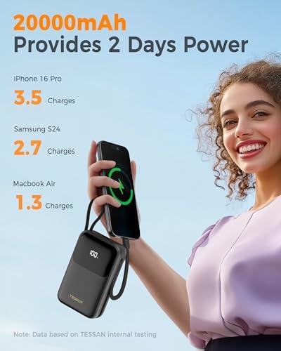 TESSAN 10000 m Ah Fast Charging Portable Power Bank with Built-in USB-C Cable – Compact Battery Pack for i Phone 16/15, Samsung & Tablets – Ultimate Travel Companion with Universal Compatibility & Rapid Recharge Technology