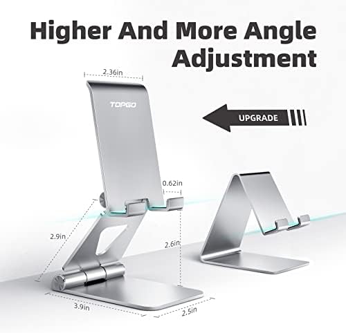 TOPGO Adjustable Cell Phone Stand, [Fully Foldable & Wide Compatibility] Desktop Stand Holder with Charging Port for iPhone, iPad, Kindle, Tablets, Switch – Silver – Enhanced Compatibility and Speed