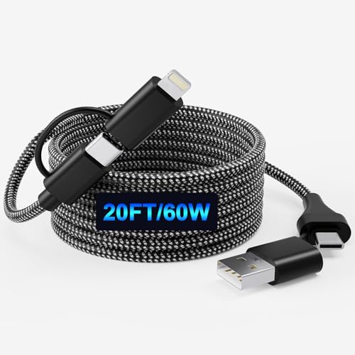Experience the Ultimate Convenience with a 20 FT MFi Certified i Phone Charger Cord – Versatile 4-in-1 USB-C and Lightning Fast Charging Cable for i Phone, i Pad Pro, Galaxy, Mac Book, and Huawei Devices – Durable Nylon Braided Design for Long-Lasting Performance and Enhanced Charging Speed up to 60 W – Perfect for Seamless Data Transfer and Flexible Device Use at Home or Office